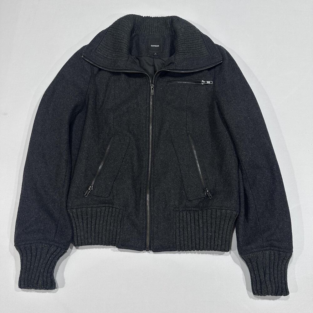 Express Jacket Womens Size M Gray Wool Bomber Full Zip Collared Pockets Lined